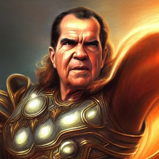 Image similar to richard nixon as thor, fantasy, intricate, elegant, digital painting, trending on artstation, concept art, sharp focus, illustration by Gaston Bussiere and artgerm, 4k.