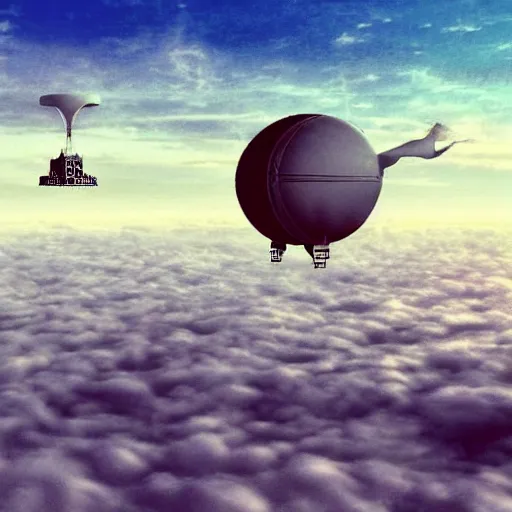 Image similar to a flying city in a blimp in the sky over the clouds, in the bottom there a lot of fog, steampunk