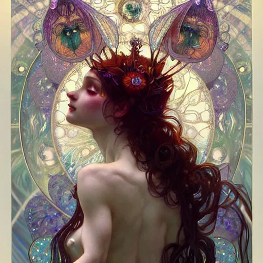 Prompt: An extremely psychedelic fairy made of crystal, surreal, face, detailed, intricate, elegant, lithe, highly detailed, digital painting, artstation, concept art, smooth, sharp focus, illustration, art by Krenz Cushart and Artem Demura and alphonse mucha