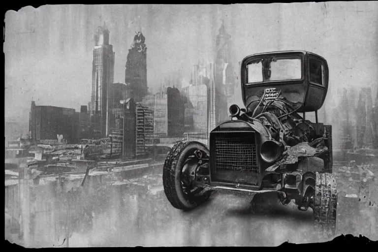 Image similar to cyberpunk 1 9 0 8 model ford t by paul lehr, metropolis, view over city, vintage film photo, damaged photo, scratched photo, scanned in, old photobook, silent movie, black and white photo