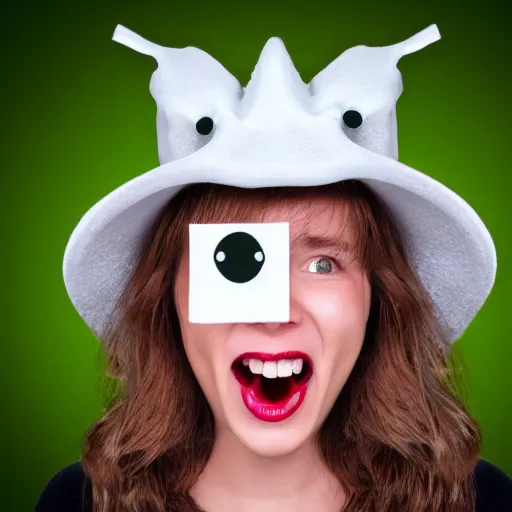 Image similar to alive hat with face eyes mouth and teeth on head, funny professional photo