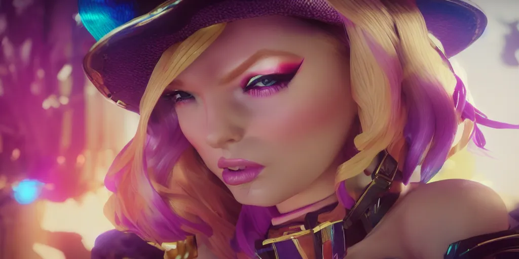 Image similar to still of pretty KDA More Miss Fortune (wild rift) close up in KDA More music video. 3d render, octane render, game art, realistic, highly detailed, trending on artstation, 4k, trending on artstation, pixar, cgsociety, unreal engine 5, redshift render, trending on artstation, blender, behance, cg