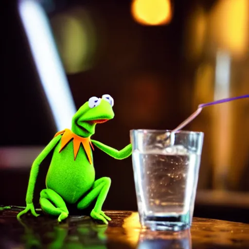 Image similar to kermit the frog drinking vodka