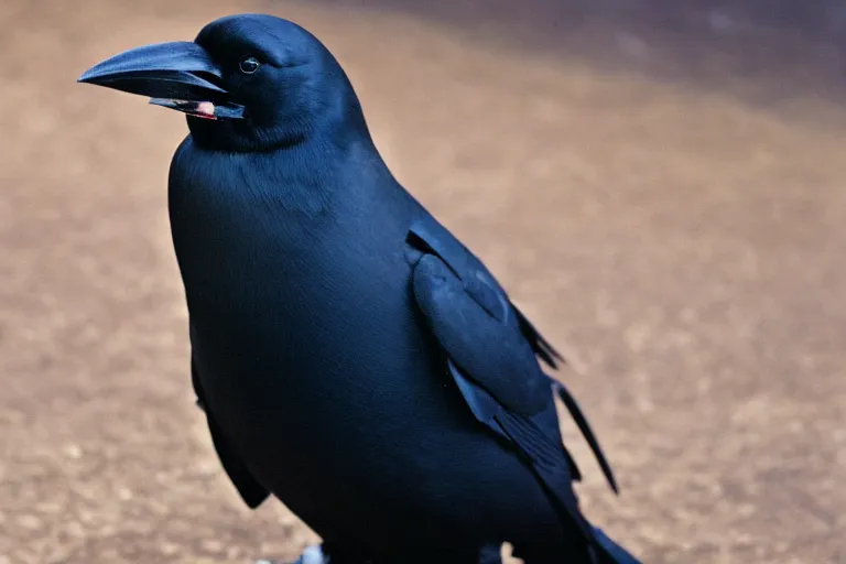 Prompt: close up of a obese crow with a round body short legs and large black beak, high resolution film still, film by Jon Favreau