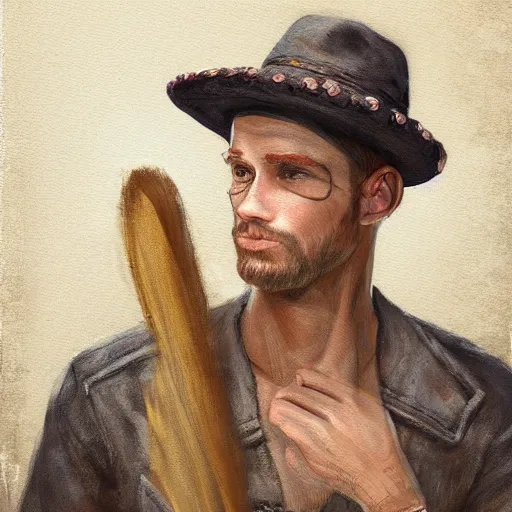 Image similar to a painting of a man with a hat on his head, a character portrait by nina tryggvadottir, trending on deviantart, fantasy art, official art, d & d, detailed painting