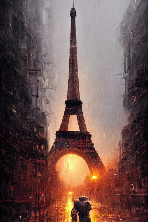 Prompt: beautiful digital illustration Eiffel tower in the rain cyberpunk scenery by Marc Simonetti