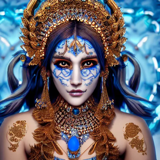 Prompt: portrait of demon goddess with perfect skin, glowing, ornate and intricate blue jewelry, jaw dropping beauty, glowing background lighting, white accent lighting, hyper detailed, 4 k octane render