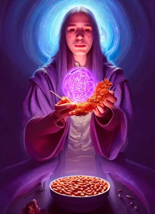 Image similar to portrait of a wizard eating baked beans and casting magical spells with rainbow energy, intricate, elegant, purple, glowing lights, highly detailed, digital painting, artstation, concept art, smooth, sharp focus, illustration, art by wlop, mars ravelo and greg rutkowski