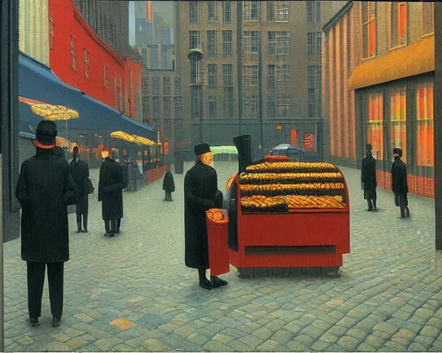 Image similar to street with food stands in a cyberpunk city on a rainy melancholy night by rene magritte