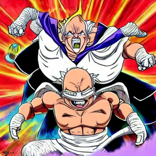 Prompt: bernie sanders fighting freeza in the art style of akira toriyama