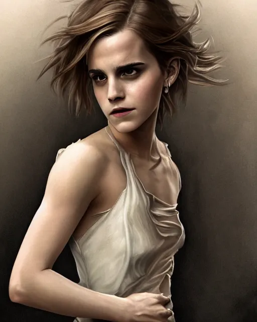 Prompt: clear portrait of emma watson, somber appearance, ripped clothing, looking her shoulder, wearing the ring of sauron, background hyper detailed, character concept, full body, dynamic pose, intricate, elegant, highly detailed, digital painting, artstation, concept art, smooth, sharp focus, illustration, art by artgerm and greg rutkowski and alphonse mucha