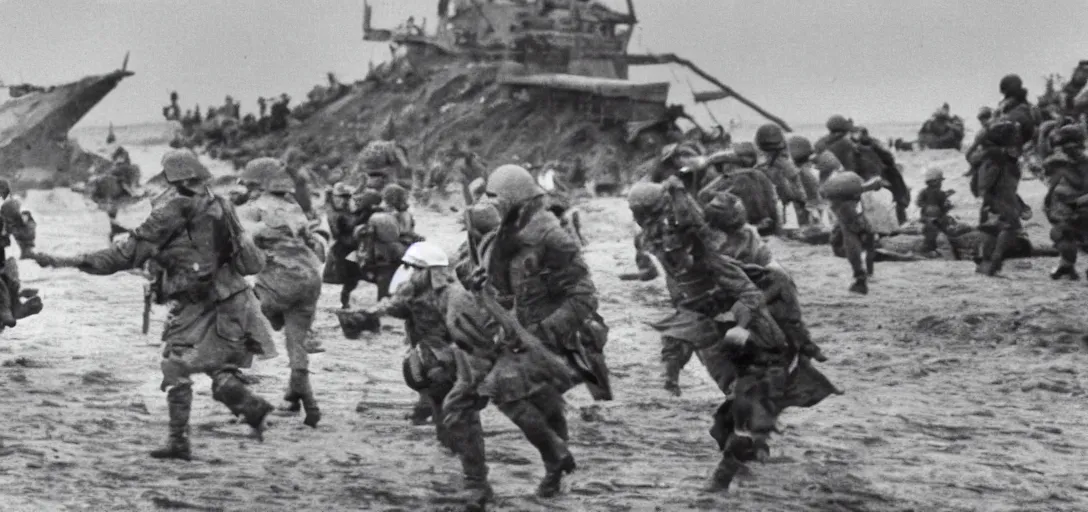 Image similar to the pope storming omaha beach during ww ii