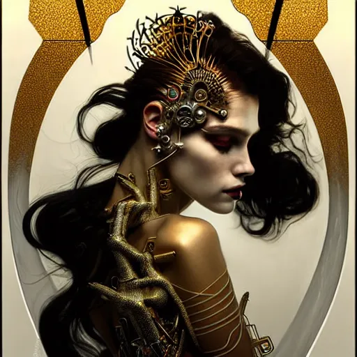 Image similar to extremely psychedelic beautiful cyborg queen of lsd infected by night. intricate, elegant, highly detailed, extremely lifelike photorealistic digital painting, artstation. steichen, gaston bussiere, tom bagshaw, cyberpunk alphonse mucha. elegant minimalism. anatomically correct. sultry rage. sharp focus. gold and black, white accents. lifelike