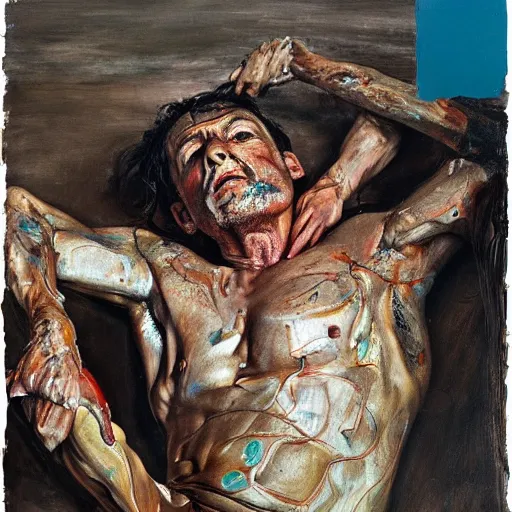 Image similar to high quality high detail painting by lucian freud and jenny saville, hd, parkour, turquoise