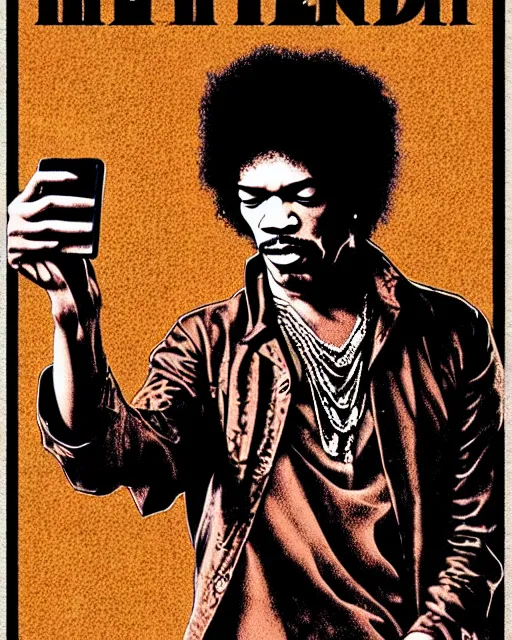 Prompt: grunge rock jimi hendrix taking a selfie with his iphone, instagram, tiktok, postmodern surrealist concert poster, grainy poster art, hand drawn matte painting by lynd ward and gary houston, smooth, sharp focus, extremely detailed, 5 0 mm.