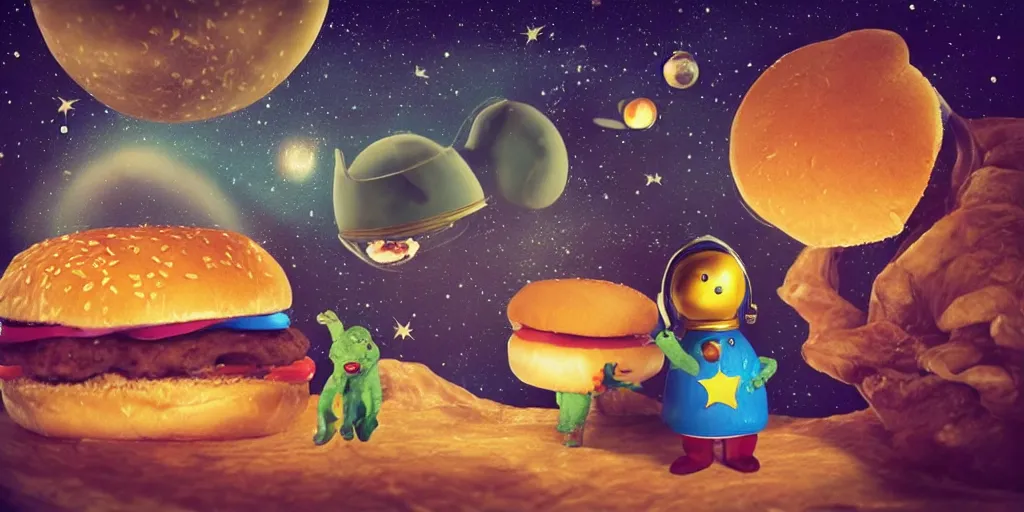 Prompt: a dream of time gone by, where I was eating burgers and not so hungry, realistic, out of this world, alien, sleepy, on a mini world, the little prince from outer space, colorful, gangly, dream, vial of stars, metallic, satisfying render, tiny people devouring food, the happiest moment, joy