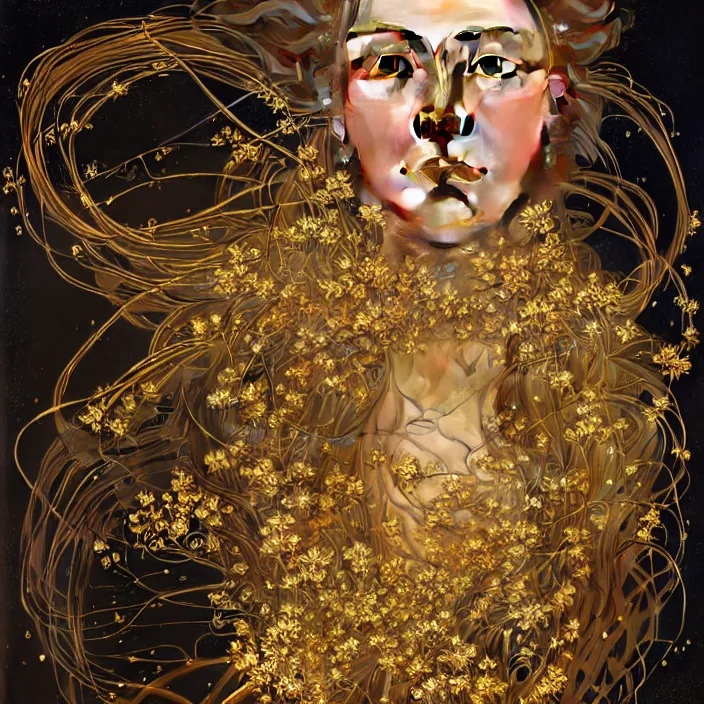 Image similar to hyperrealist portrait of a 2 0 4 4 space sport engineer, it is decorated with long gold wires and gold flowers that fall like vines and wears a huge computer crown. by jeremy mann and alphonse mucha, fantasy art, photo realistic, dynamic lighting, artstation, poster, volumetric lighting, dramatic light, very detailed faces, 8 k, award winning