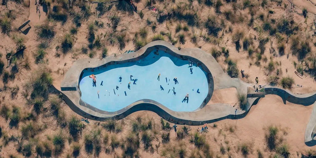 Prompt: drone view of a skatepark, in a desert oasis