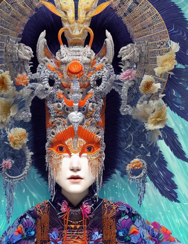 Image similar to 3 d goddess close - up 3 / 4 portrait with ram skull. beautiful intricately detailed japanese crow kitsune mask and clasical japanese kimono. betta fish, jellyfish phoenix, bio luminescent, plasma, ice, water, wind, creature, artwork by tooth wu and wlop and beeple and greg rutkowski