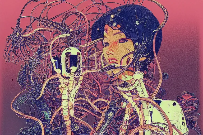 Image similar to risograph grainy drawing vintage sci - fi, satoshi kon color palette, arzach bird covered with robot parts and wires, wearing futuristic layered scaphander with lot tentacles, insects and dragonflies around, painting by moebius and satoshi kon and dirk dzimirsky close - up portrait