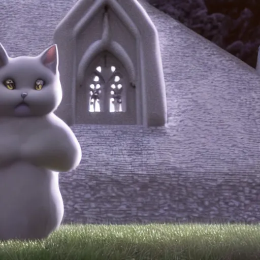 Prompt: claymation of a fluffy grey cat pointing it's paw at a priest in front of a white stave church by studio ghibli fantastic realism ultra - wide angle lens, early morning - - ar 4 : 3