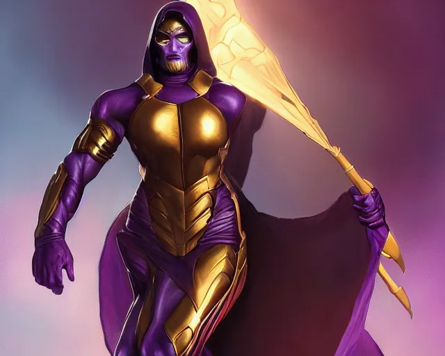 Image similar to thanos as a feminine beautiful muscular woman dressed as a battle nun, highly detailed full body portrait, pretty face, elegant, breathtaking art, concept art, by artgerm and ilya kuvshinov