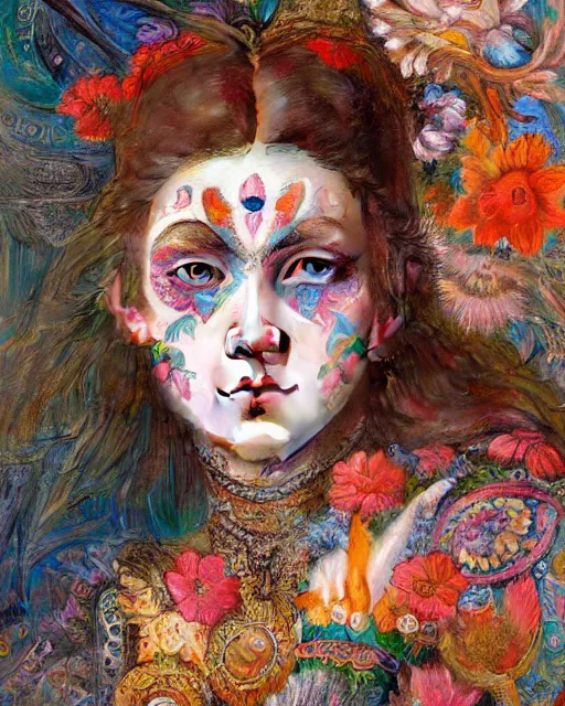 Image similar to a beautiful girl wearing colourful face paint surrounded by bright intricate patterns, by edgar maxence and caravaggio and michael whelan, intricate painting, hyper realistic, extremely detailed and beautiful aesthetic face, 8 k resolution