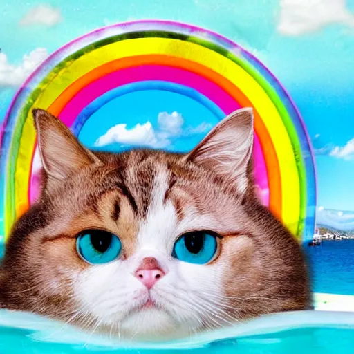 Prompt: vacation photos postcard from gizmo the rotund rainbow kitty with rainbow fur, a pink nose, multicolored eyes heterochromia cute wild adventures and travel to glorious locations
