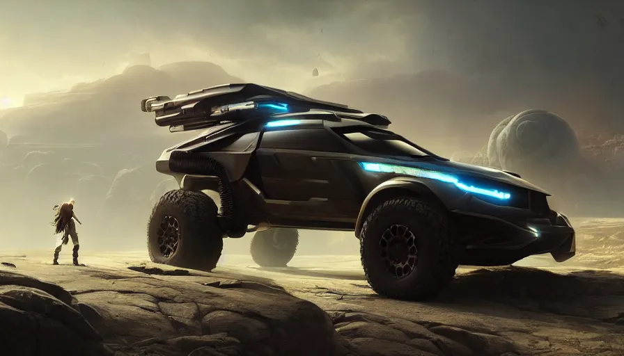 Image similar to a futuristic offroad suv designed by apple on socotra island, artgerm and greg rutkowski and alphonse mucha, an epic fantasy, volumetric light, detailed, trending on art station, octane render, midsommar