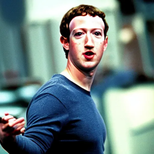 Prompt: Mark Zuckerberg as an evil supervillian in a movie, 1980s