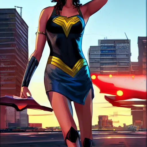 Image similar to gal gadot in gta v loading screen, cover art by stephen bliss, artstation, no text