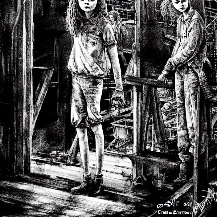 Image similar to sadie sink in dirty workmen clothes waves goodbye to workmen. background : factory, dirty, polluted. technique : black and white pencil and ink. by gabriel hardman, joe alves, chris bonura. cinematic atmosphere, detailed and intricate, perfect anatomy