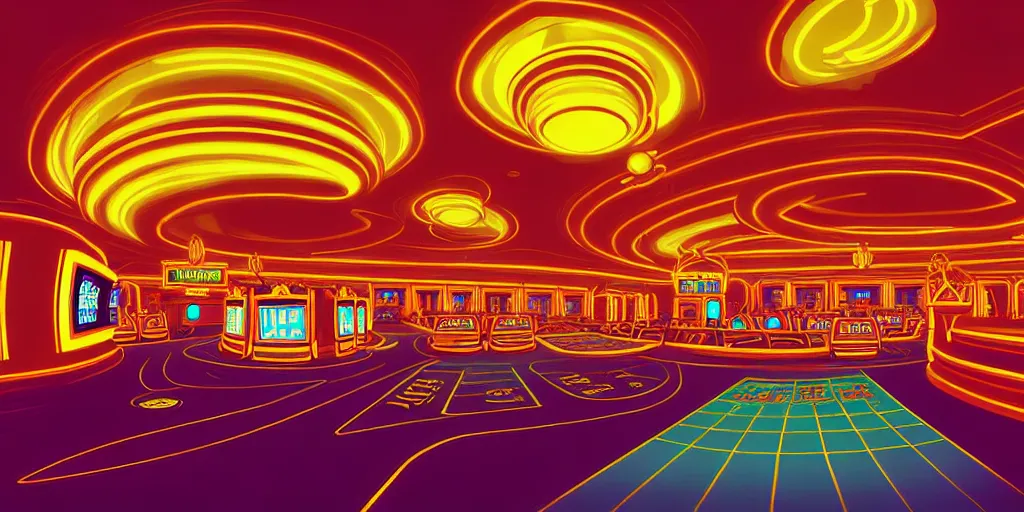 Image similar to extreme wide angle curly perspective digital art of indoor casino with a stage pale colors by anton fadeev from nightmare before christmas