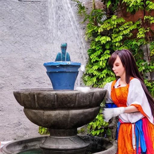 Image similar to anime girl in a greek womans clothing pouring water out of a gourd into a fountain, spanish alleyway