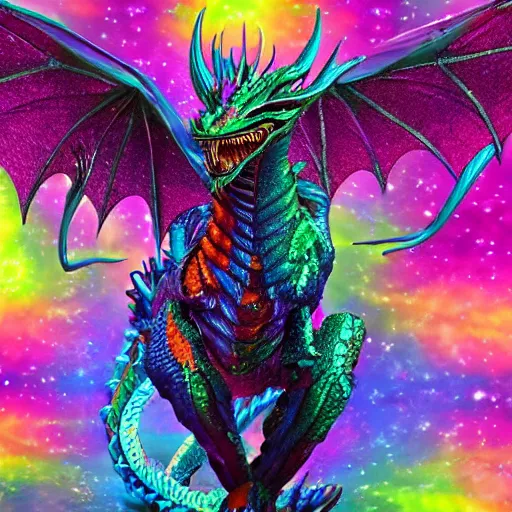 Image similar to a dragon made of colorful sequins, photorealistic, psychedelic, 8 k, trending on artstation