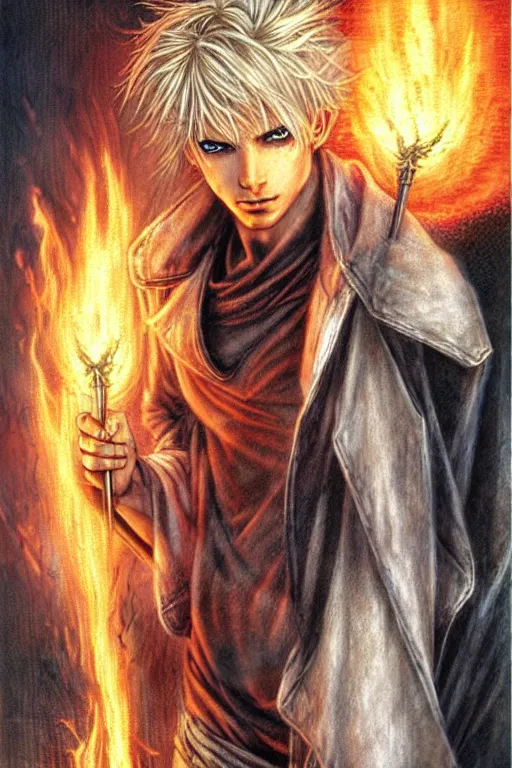 Image similar to character art by luis royo, young man, blonde hair, on fire, fire powers