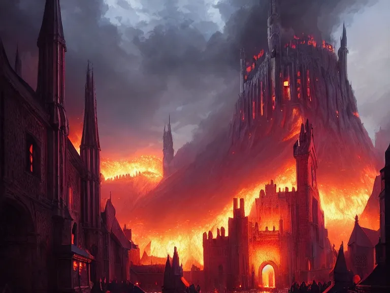 Image similar to medieval cities on fire, lord of the rings, game of thrones, unreal 5, cinematic, 8 k, unreal engine, beautiful, smoothly, concept art, artstation, highly detailed, by wlop, by greg rutkowski, oil painting, by artgerm