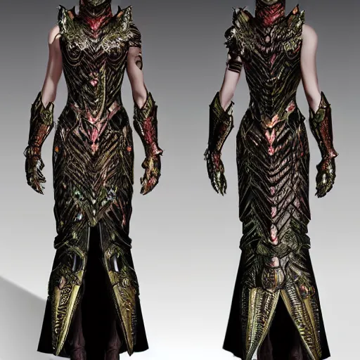 Image similar to concept art of a dragon scale armor dress. bright metallics, ornate detail. in the style of crystal dynamics