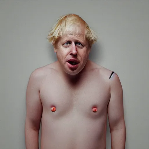 Prompt: Boris Johnson wearing a boob tube, trending on artstation, hyperrealism