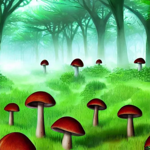 Prompt: Mushroom forest, lush, scenic