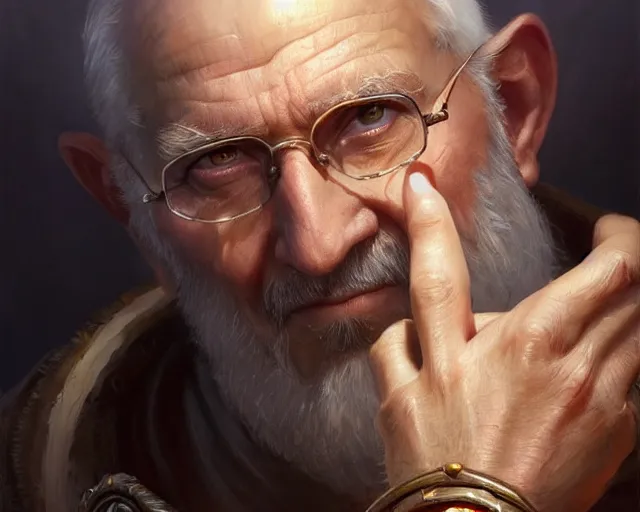 Image similar to old man with a ring on each finger, deep focus, d & d, fantasy, intricate, elegant, highly detailed, digital painting, artstation, concept art, matte, sharp focus, illustration, hearthstone, art by artgerm and greg rutkowski and alphonse mucha