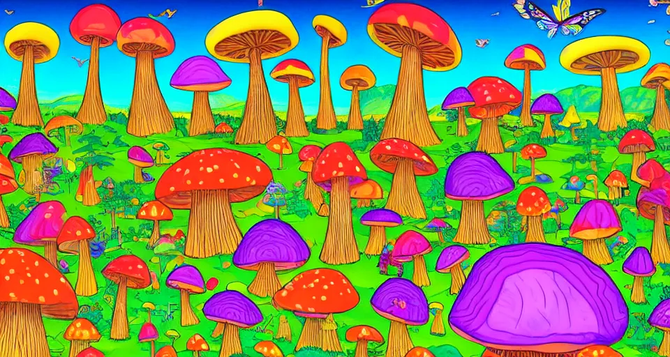 Image similar to A tribal village in a forest of giant mushrooms, by Lisa Frank,