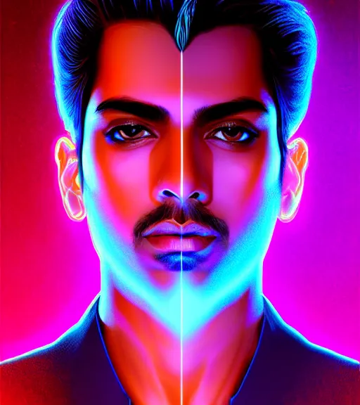 Image similar to symmetry!! indian prince of technology, solid cube of light, hard edges, product render retro - futuristic poster scifi, lasers and neon circuits, brown skin handsome indian prince, intricate, elegant, highly detailed, digital painting, artstation, concept art, smooth, sharp focus, illustration, dreamlike, art by artgerm