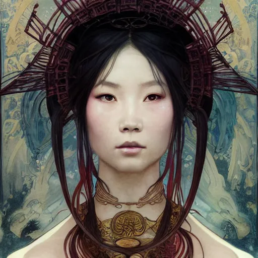 Image similar to A portrait of An ancient Chinese witch by Ross Tran! and alphonse mucha and greg rutkowski! and gustav doré! and Zdzisław Beksiński! and Ruoxin Zhang!!!,In style of digital art illustration.Symmetry.Highly detailed face.Fantasy,smooth,hyper detailed,sharp focus,Soft light.trending on artstation.