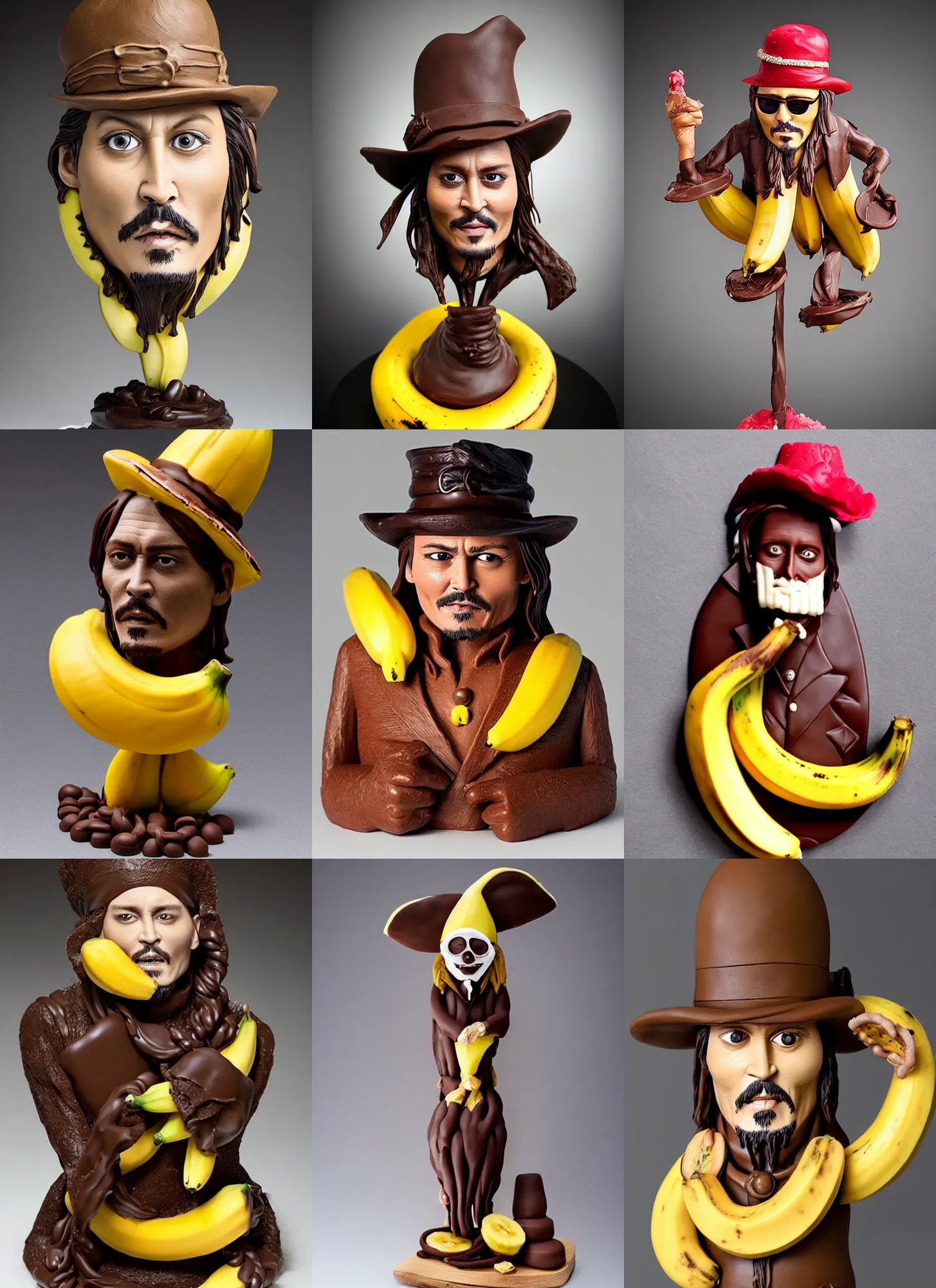 Prompt: banana!!! sculpture of johnny depp, chocolate art, candy decorations, fully chocolate, studio lighting