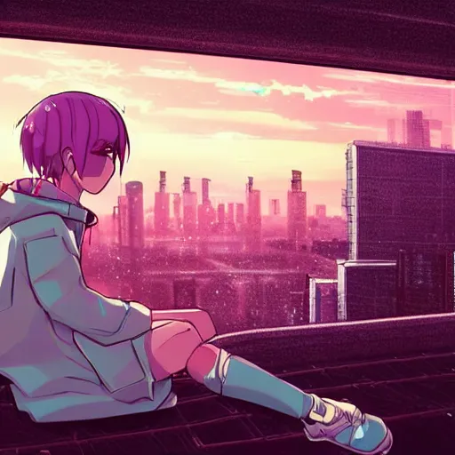 Image similar to android mechanical cyborg anime girl child overlooking overcrowded urban dystopia sitting. Pastel pink clouds baby blue sky. Gigantic future city. Raining. Makoto Shinkai. Wide angle. Distant shot. Purple sunset. Sunset ocean reflection. Pink hair. Pink and white hoodie. Cyberpunk.