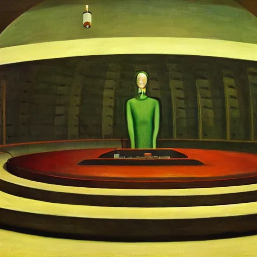 Image similar to portrait of an evil mastermind inside a dome - shaped control center, evil lair, grant wood, pj crook, edward hopper, oil on canvas