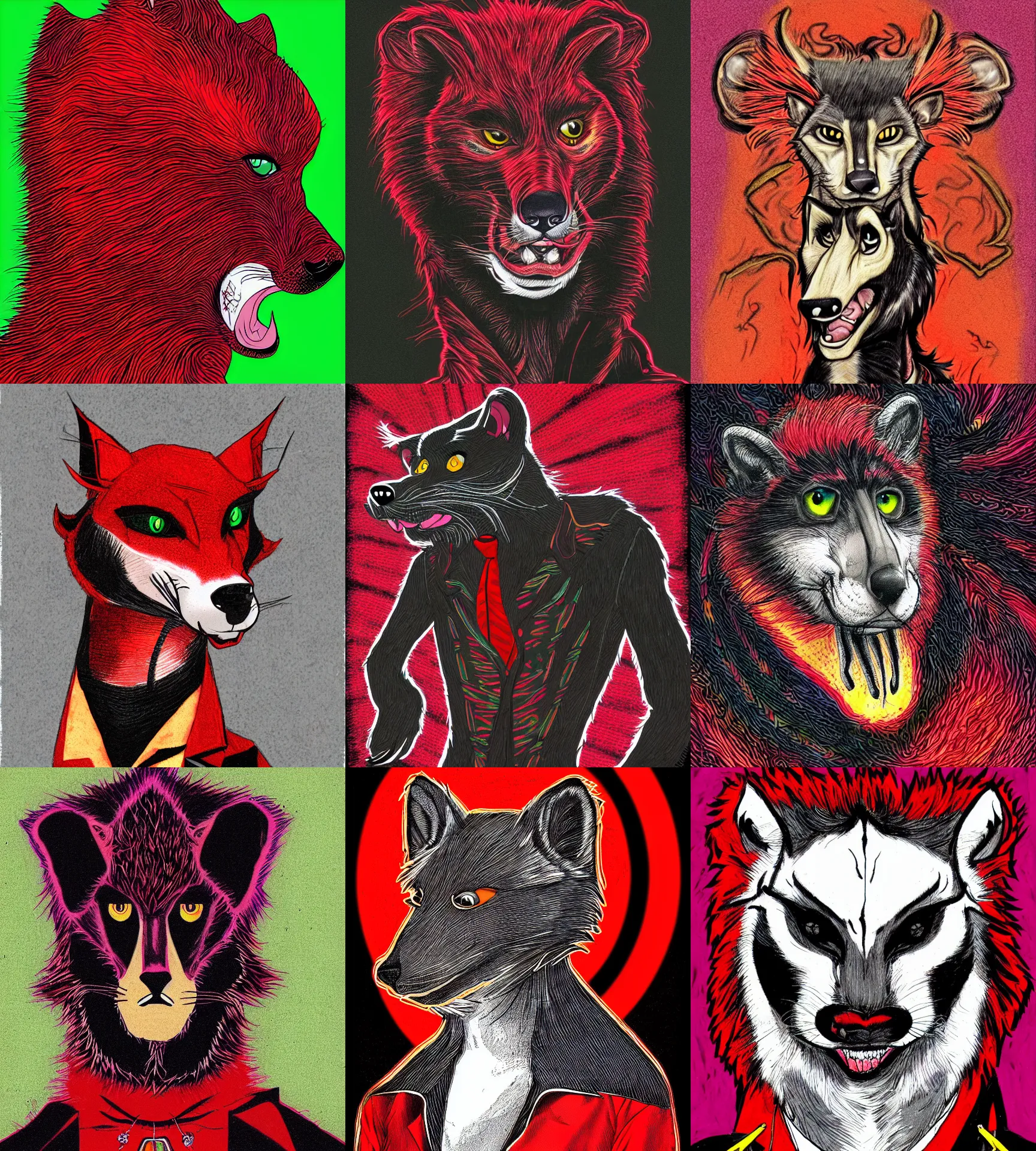 Prompt: handsome weasel fursona portrait, male, red - black, dark psychedelia style, refer to late timothy leary, schizophrenic art. dark and smoky