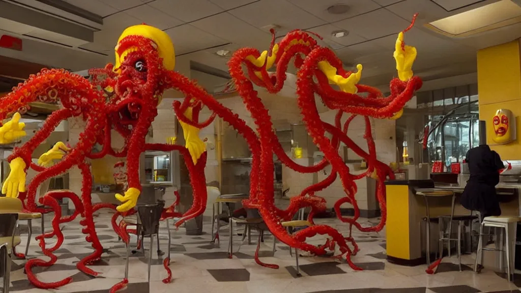 Image similar to ronald mcdonald, mixed with an eldritch horror monster, with mechanical tentacles, in a mcdonalds lobby, film still from the movie directed by denis villeneuve with art direction by salvador dali