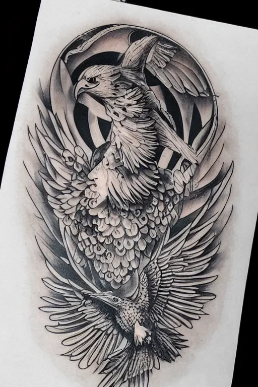 Prompt: traditional American tattoo of an eagle with a fish in its talons by Samuele Briganti
